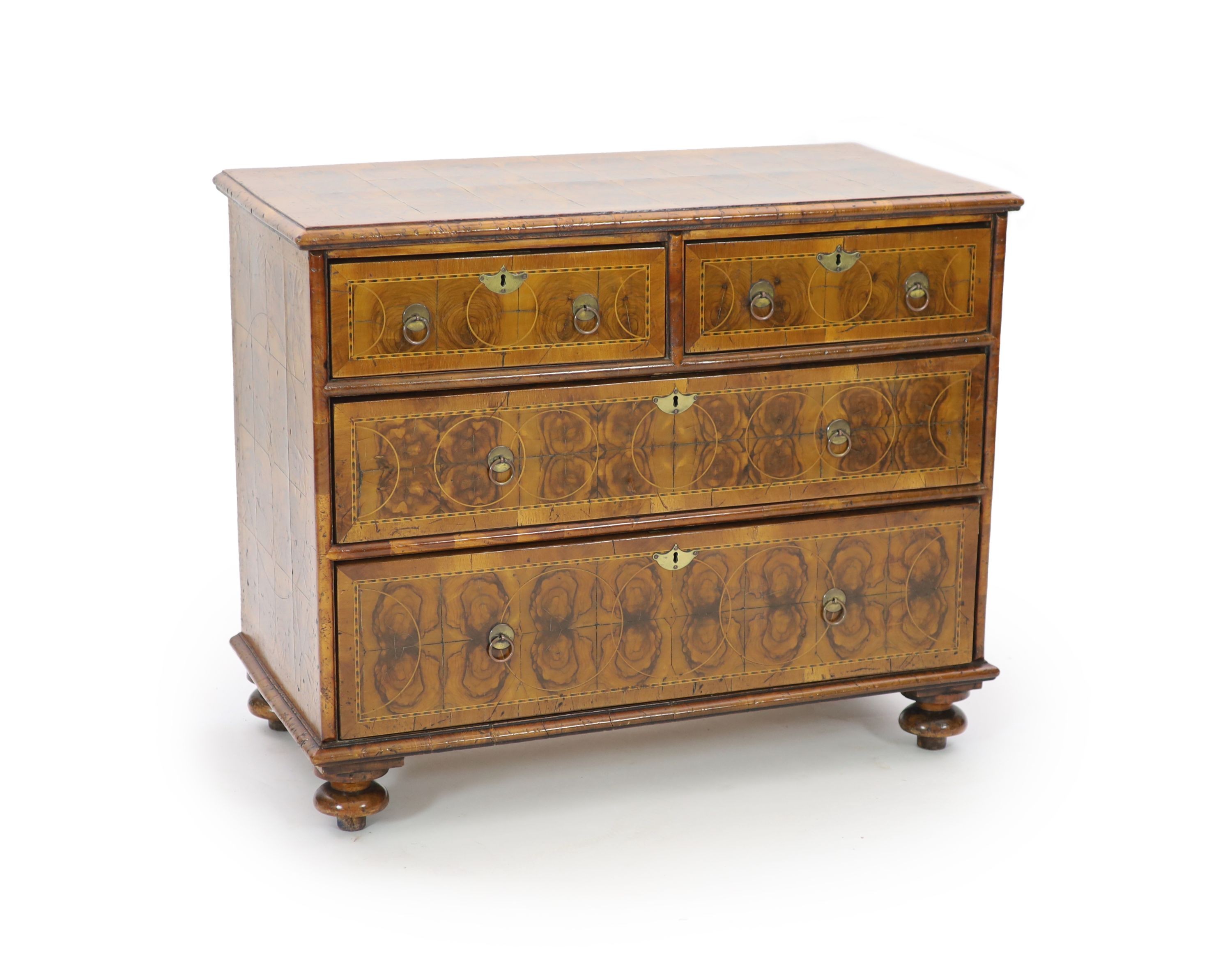 A William III and later oyster olive wood veneered chest, W.94cm D.48cm H.76cm